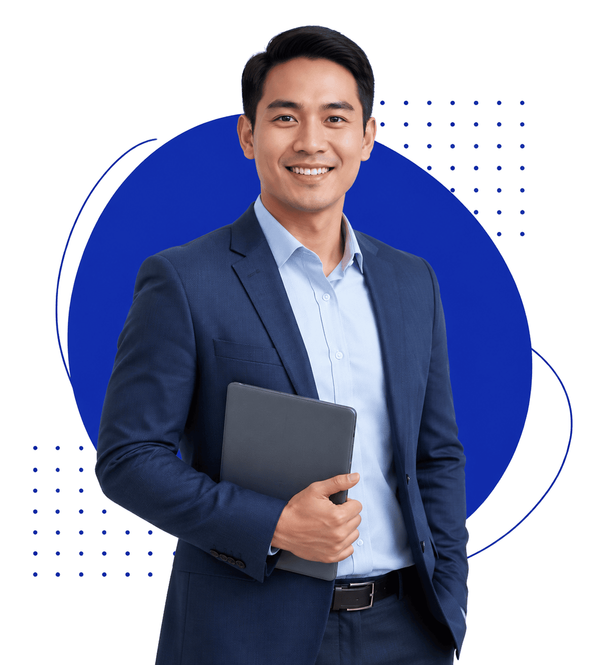 Smiling business professional in a navy suit holding a tablet against a blue abstract background.