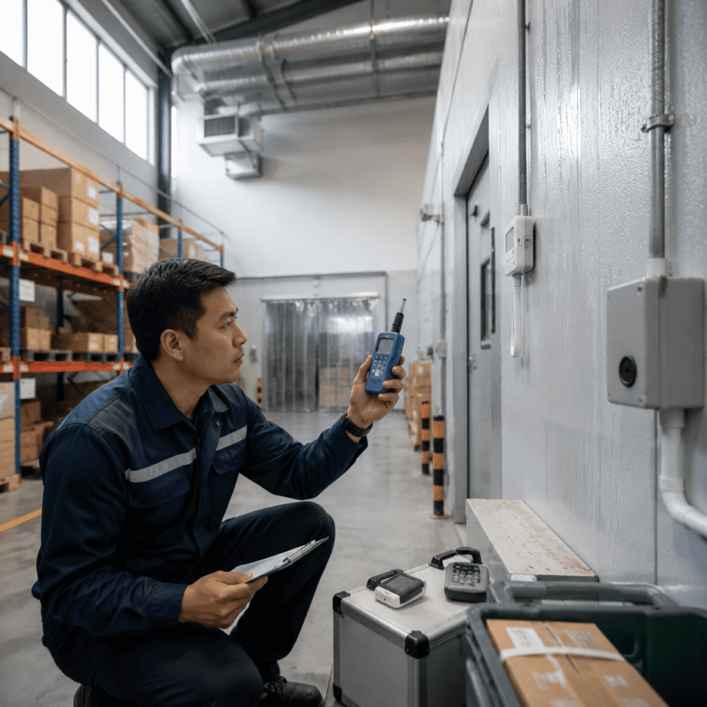 A Filipino facility engineer uses a humidity meter while conducting a moisture control inspection inside a commercial warehouse in the Philippines.