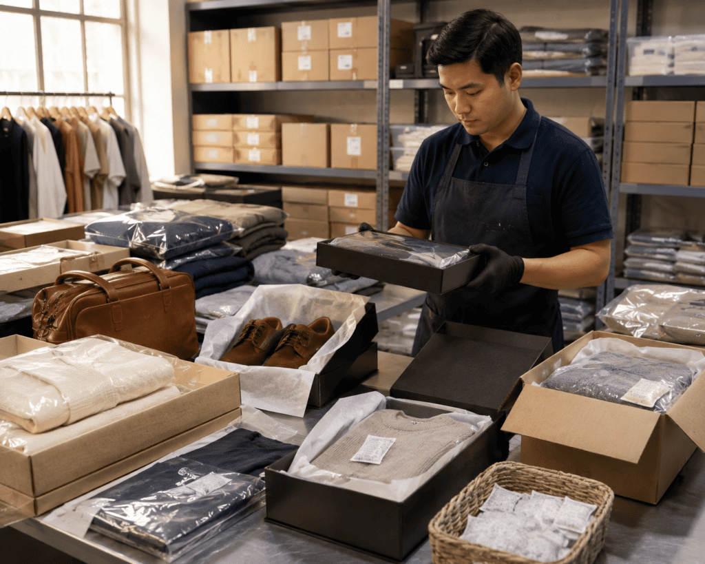 Filipino packing specialist preparing garments, footwear and leather goods with desiccants for protected storage and shipment.