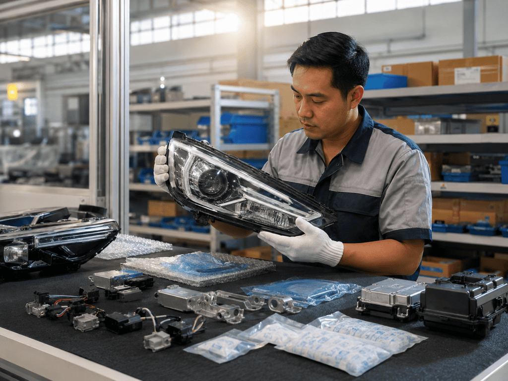 Filipino quality-control specialist inspecting an automotive headlamp beside moisture-control packaging and protected electrical components.