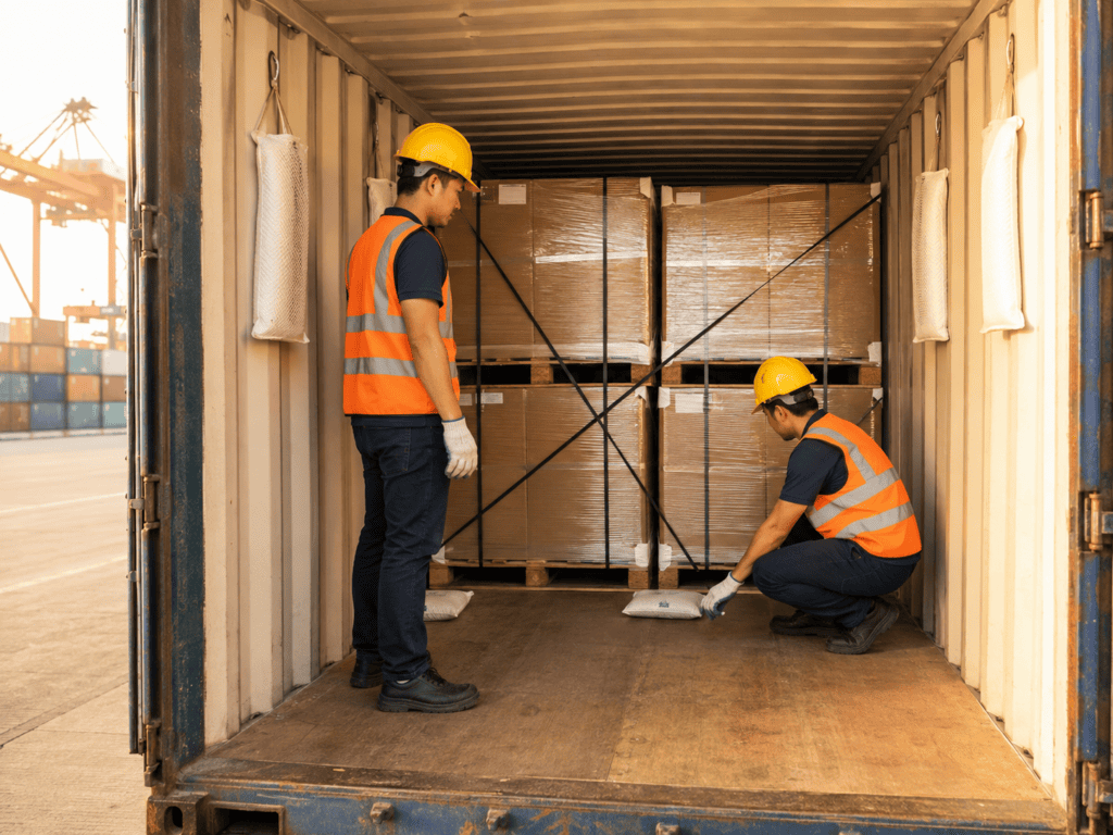 Filipino logistics workers inspecting palletised cargo and container desiccants before an export shipment.