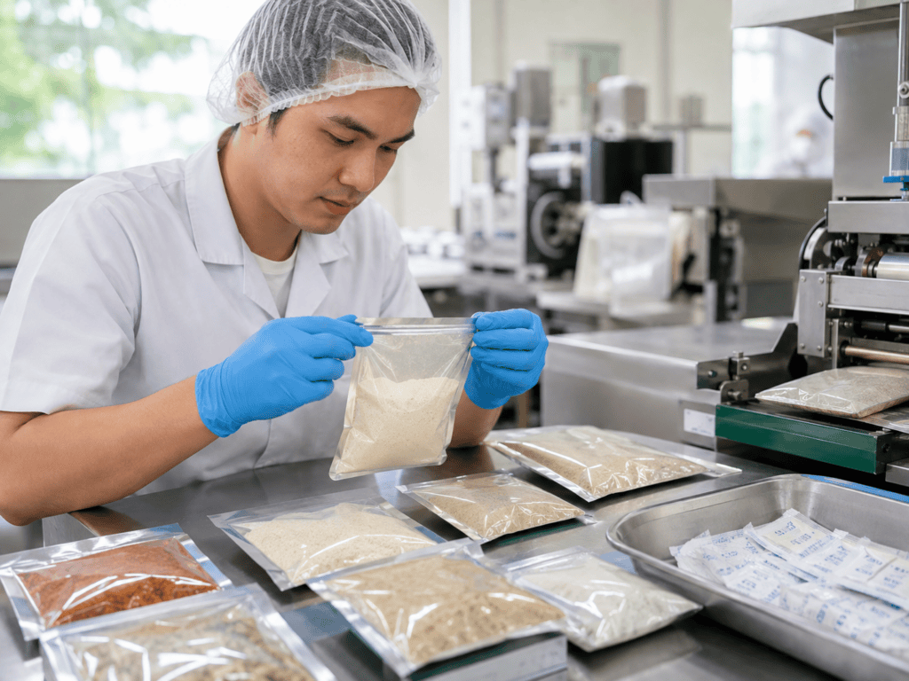 Filipino operator inspecting sealed dry-food packaging containing moisture-control desiccant sachets in a sanitary production facility.