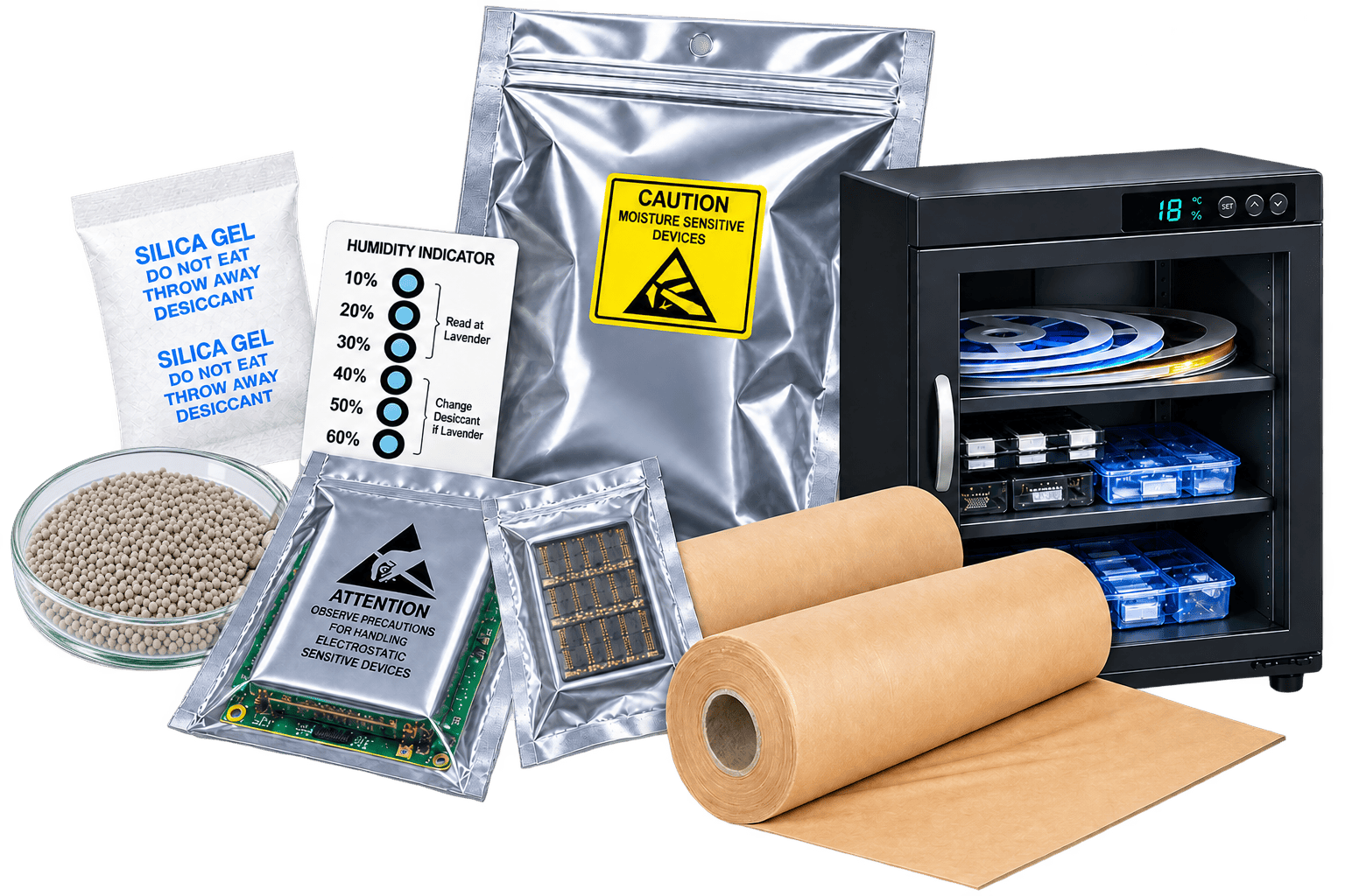 Silica gel desiccant beads, humidity indicator card, moisture barrier bags, VCI anti-corrosion packaging, anti-rust protection materials, and electronic dry cabinet for industrial protection applications.