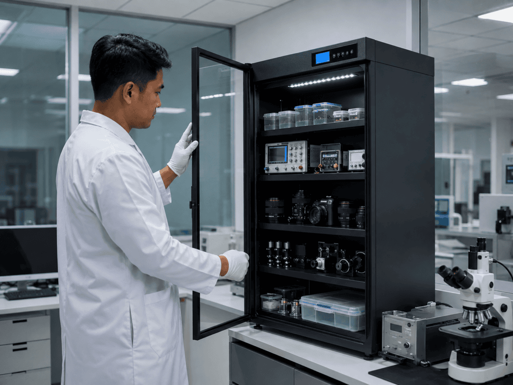 Filipino laboratory technician checking sensitive instruments stored inside an electronic dry cabinet with controlled humidity.