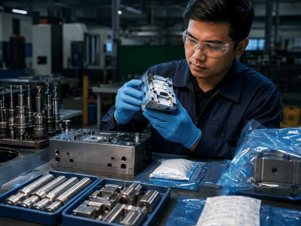 Filipino engineer inspecting precision metal components protected with desiccants, VCI materials and moisture-barrier packaging.