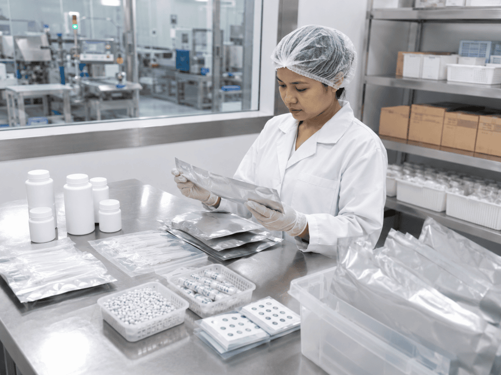 Filipino packaging specialist checking sealed pharmaceutical and diagnostic supplies with desiccants and moisture-barrier materials.