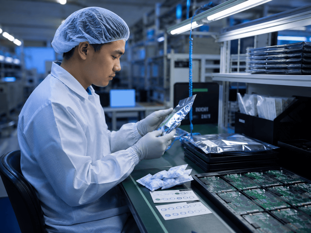 Filipino technician handling moisture-sensitive electronic components with desiccants and moisture-barrier packaging in an ESD-safe facility.