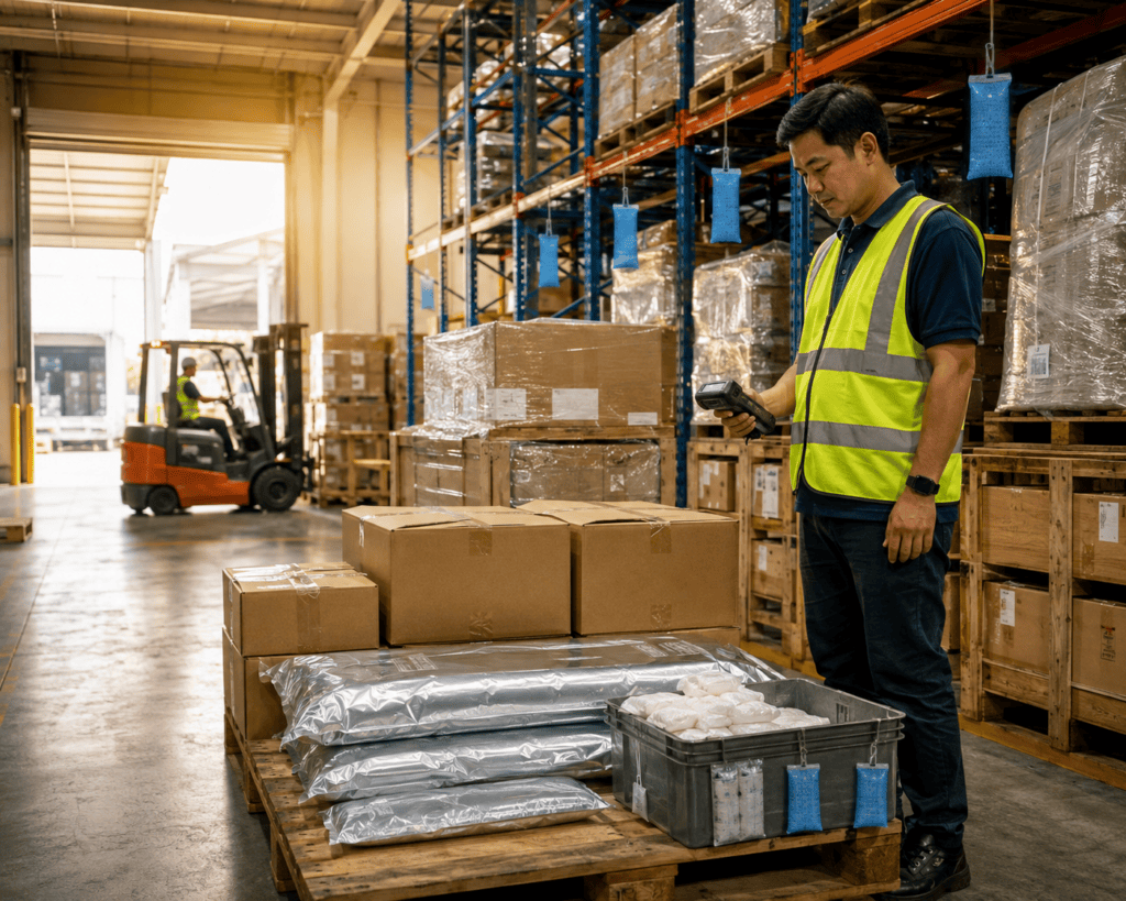 Filipino warehouse supervisor checking palletised goods protected with cargo desiccants in an organised storage facility.